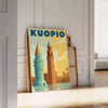 クオピオ フィンランド アールデコ風 ヴィンテージ ポスター オレンジ と 青 の配色
