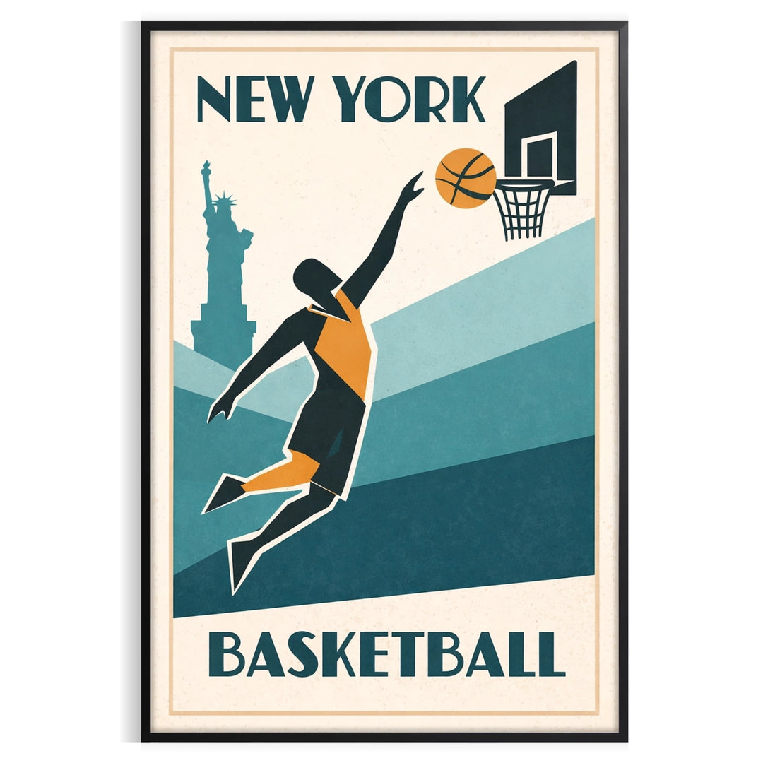 space stunning New York USA NBA poster vibrant orange white sports enthusiasts eye design measures today available frame perfect touch decor