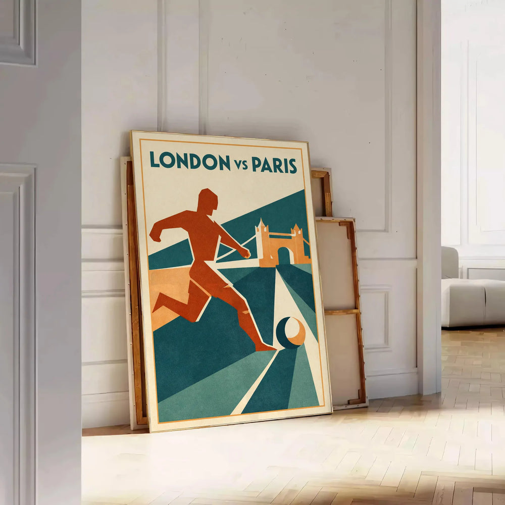 A football-themed poster featuring London's skyline in blue and gray tones