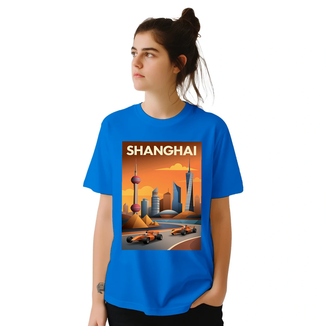 上海F1デザインのTシャツ。モータースポーツファンにぴったりのスタイリッシュなアイテム。高品質コットン使用で快適な着心地。