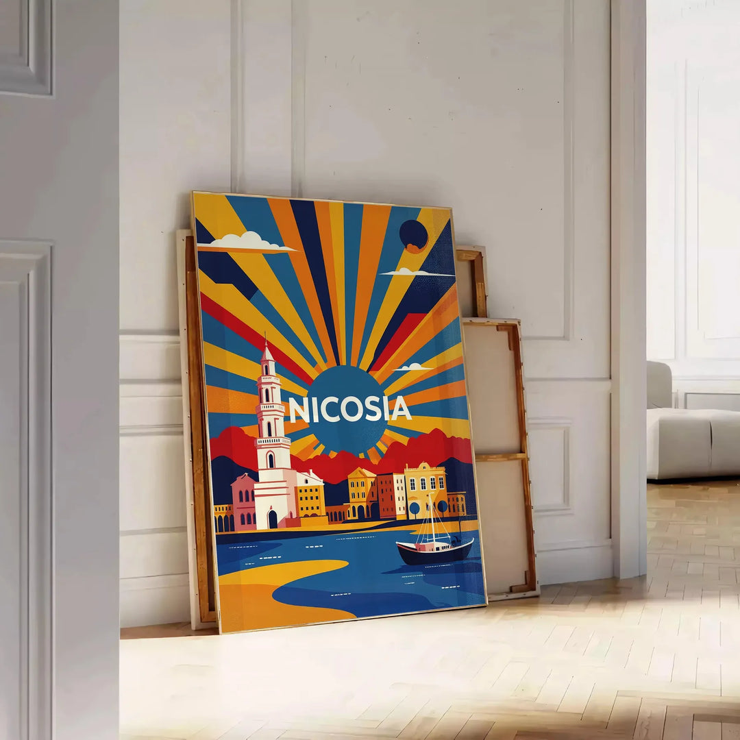 Manifesto vintage Art Déco di Nicosia, Cipro in arancione e rosso
