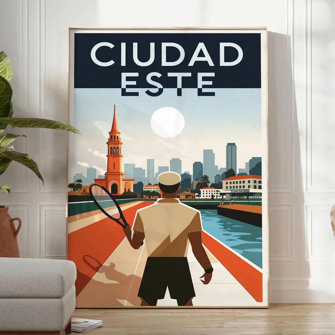 space Ciudad del Este Paraguay Art Déco vintage poster vibrant orange green hues eye design essence bygone era dimensions perfect room unframed version stunning