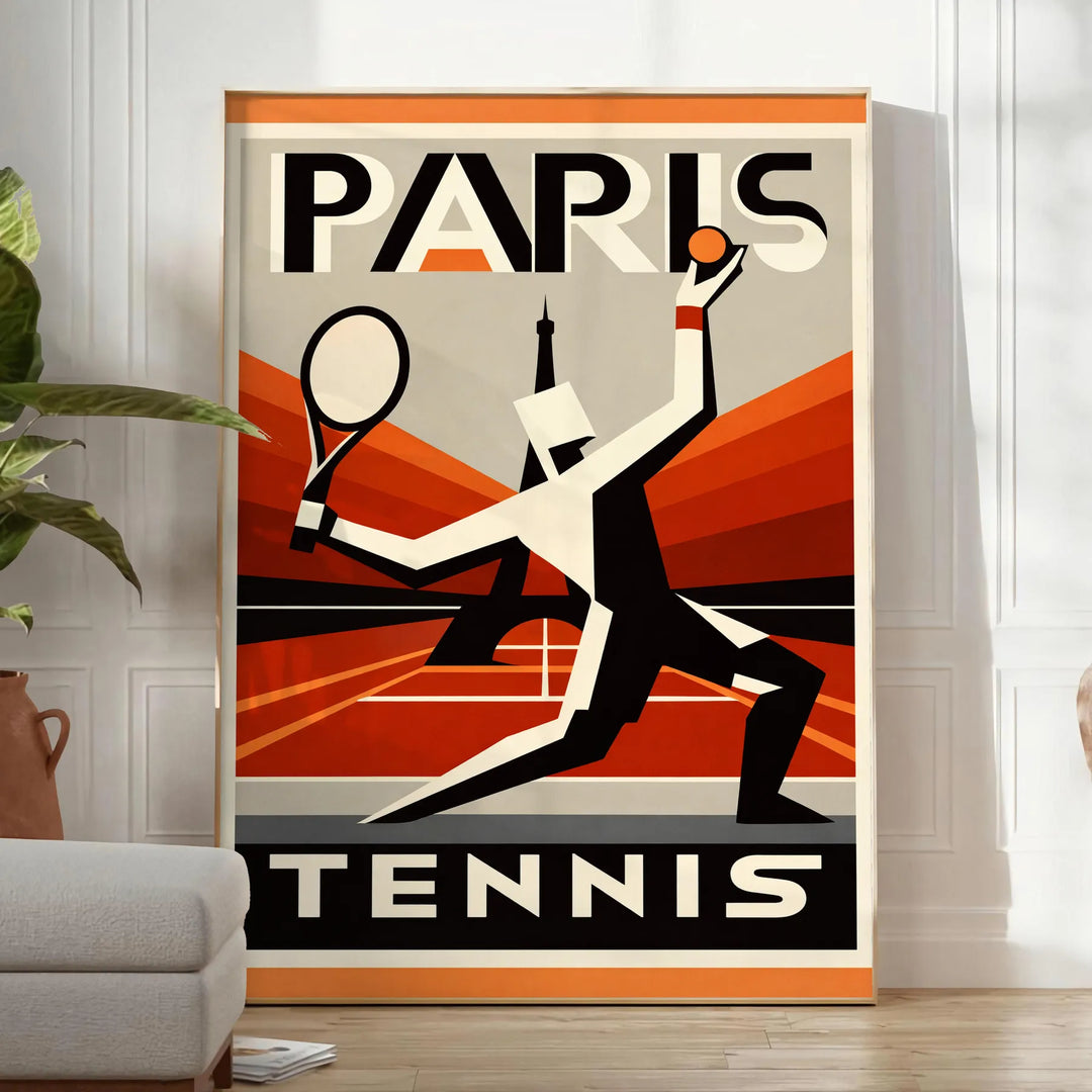 Póster de tenis de París, Francia, con vibrantes tonos rojos y verdes, ideal para amantes del deporte. Disponible en tamaños