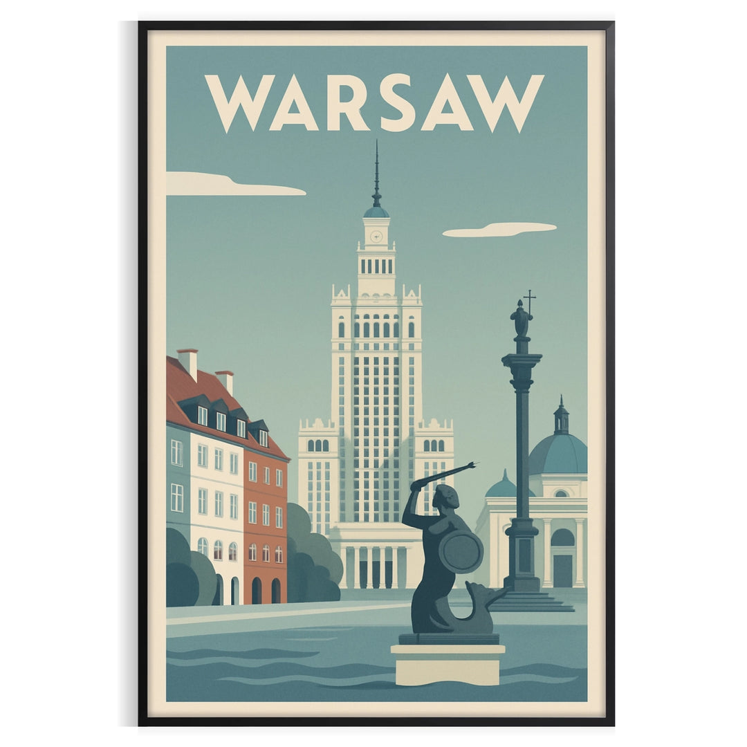 Green and gray stylized Warsaw skyline poster in modern minimalist style