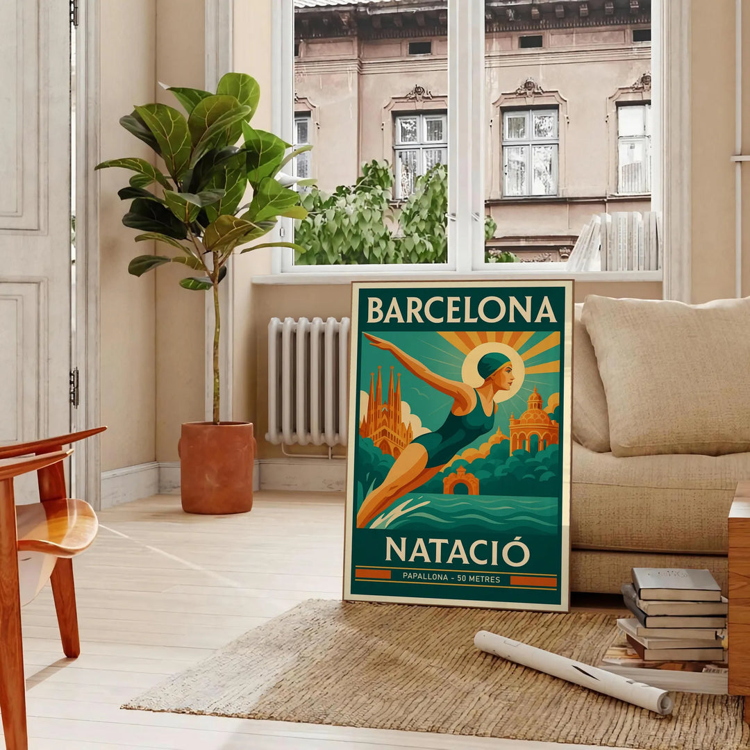 Peldēšanas Barselonas plakāts ar dzīvīgu dzeltenu un zaļu krāsu, pieejams rāmī vai bez tā
