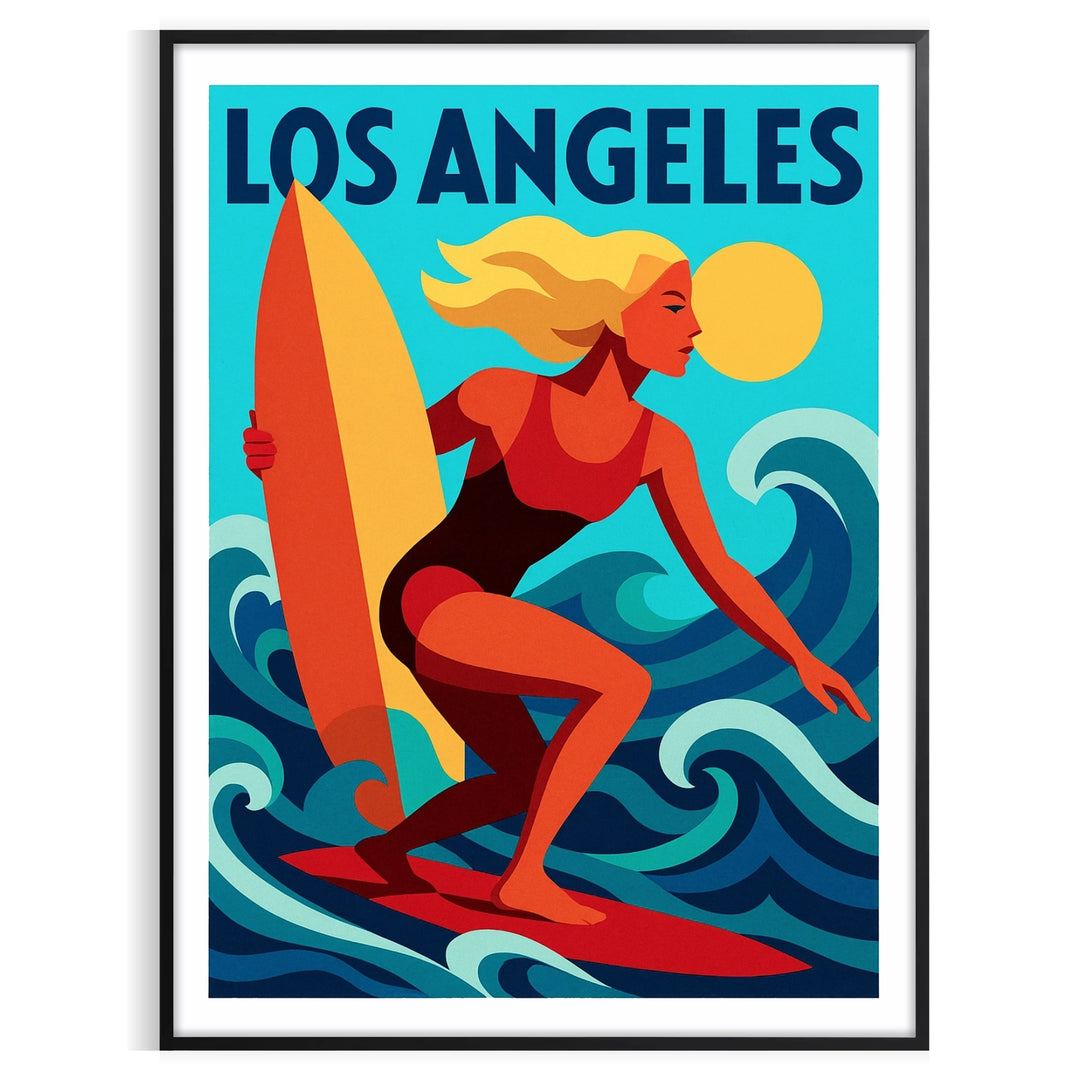 vibrant spirit waves Los Angeles Surf poster red blue colors beach lovers enthusiasts eye artwork available multiple sizes yours today space formats A4 cm A0