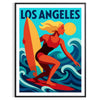 Lebendige Los Angeles Surf Poster mit auffälligen roten und blauen Farben, ideal für Strandliebhaber und Surffans. Erhältlich