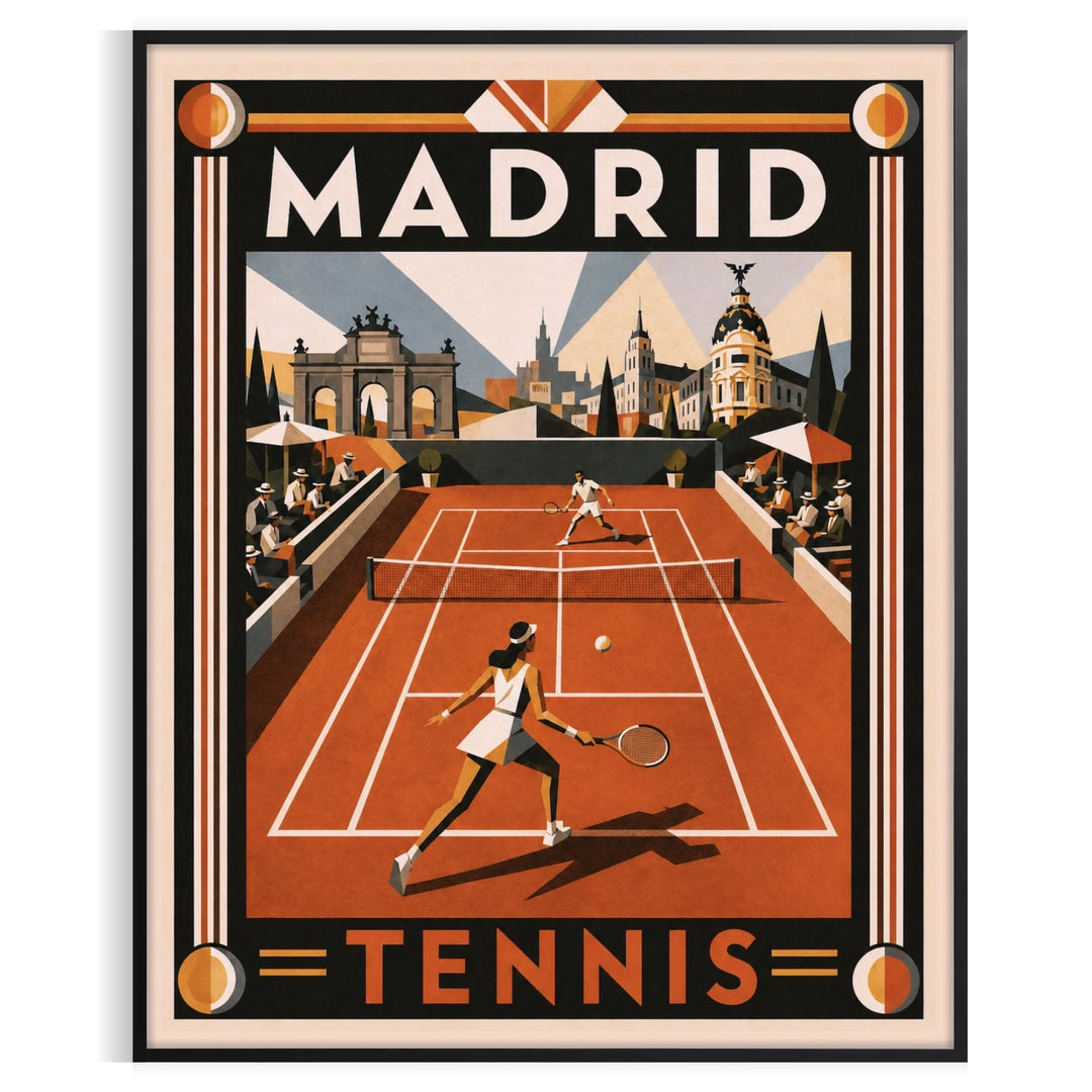 Abstract design featuring tennis elements in black and orange, inspired by Madrid