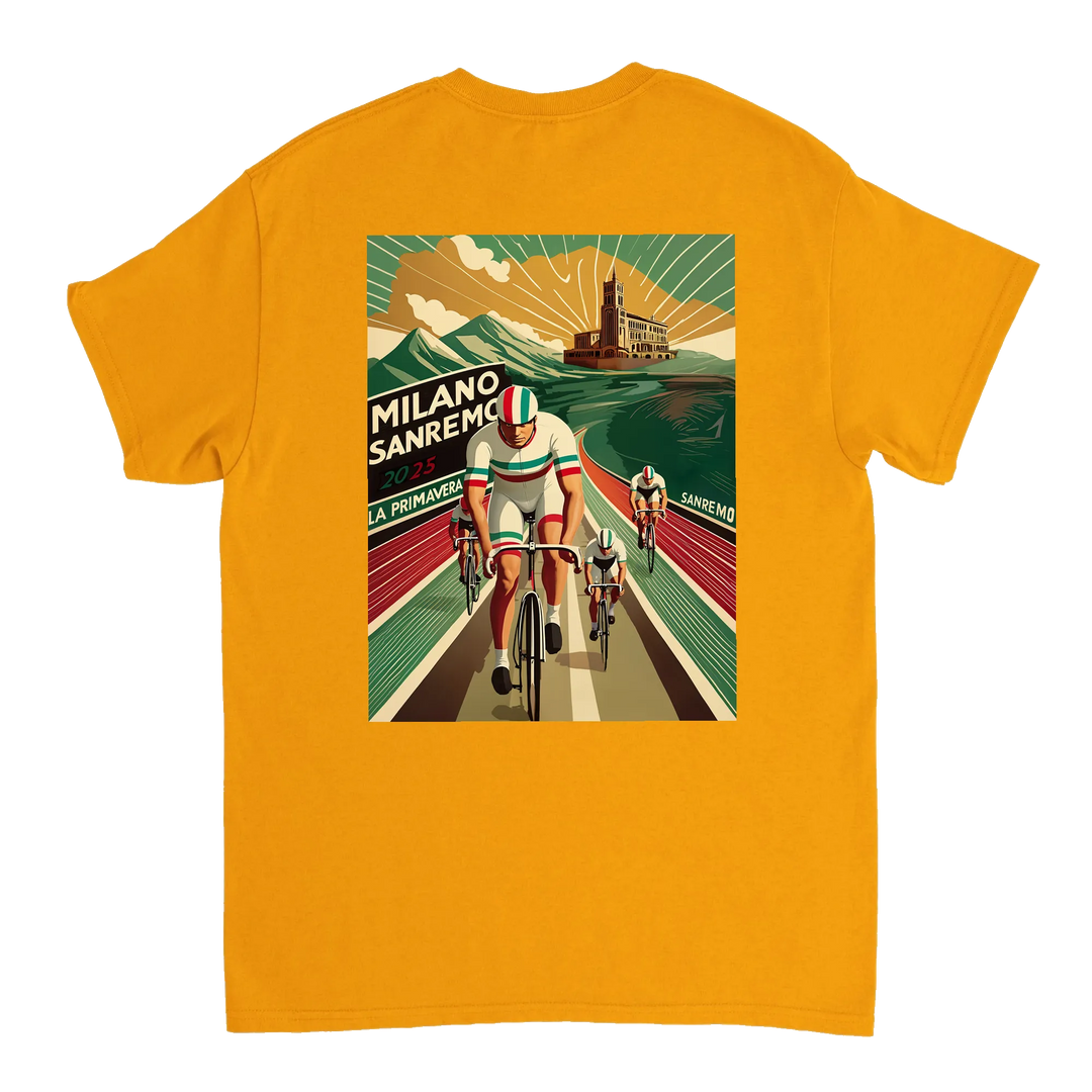 Koszulka Milano Sanremo z unikalnym wzorem, idealna dla miłośników kolarstwa. Dostępna w rozmiarach S, M, L, XL