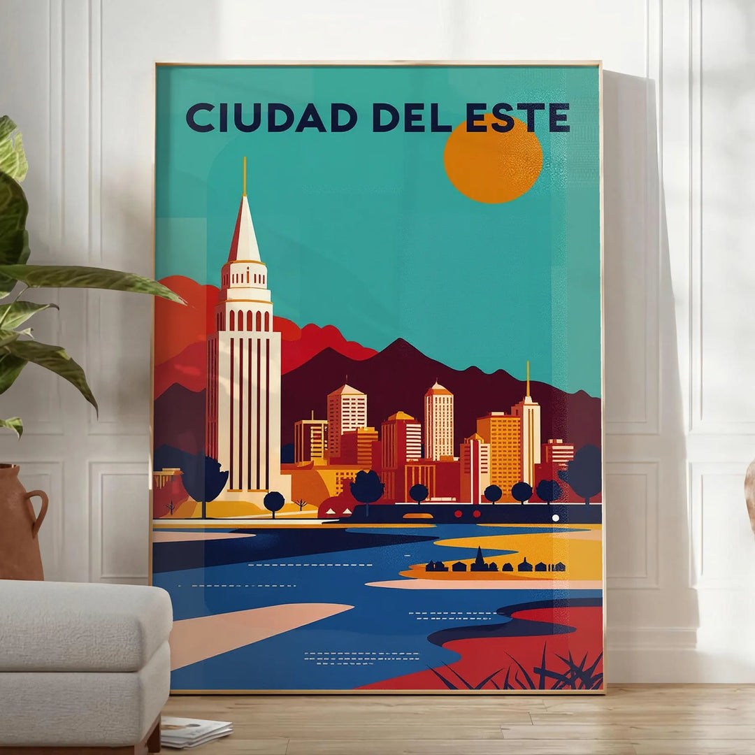 vibrant charm Ciudad del Este Paraguay stunning Art Déco vintage poster warm orange brown tones artwork perfect retro flair space eye piece dimensions cm A4 A0