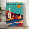 vibrant charm Ciudad del Este Paraguay stunning Art Déco vintage poster warm orange brown tones artwork perfect retro flair space eye piece dimensions cm A4 A0