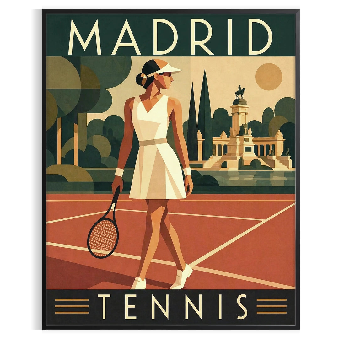 Bold graphic of tennis player in action against a green background, Madrid theme