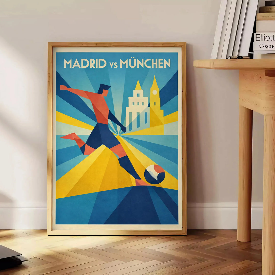 En färgstark affisch som fångar energin i Madrids fotbollskultur, med gula och gröna nyanser. Finns i storlekarna 50x70 eller