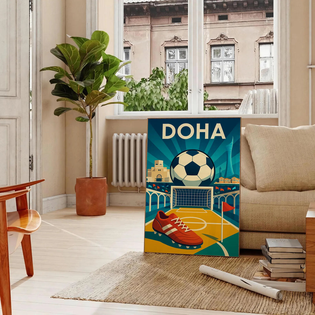 space vibrant Doha Qatar football poster dynamic shades yellow blue fans eye piece passion game today sizes cm size A4 A0
