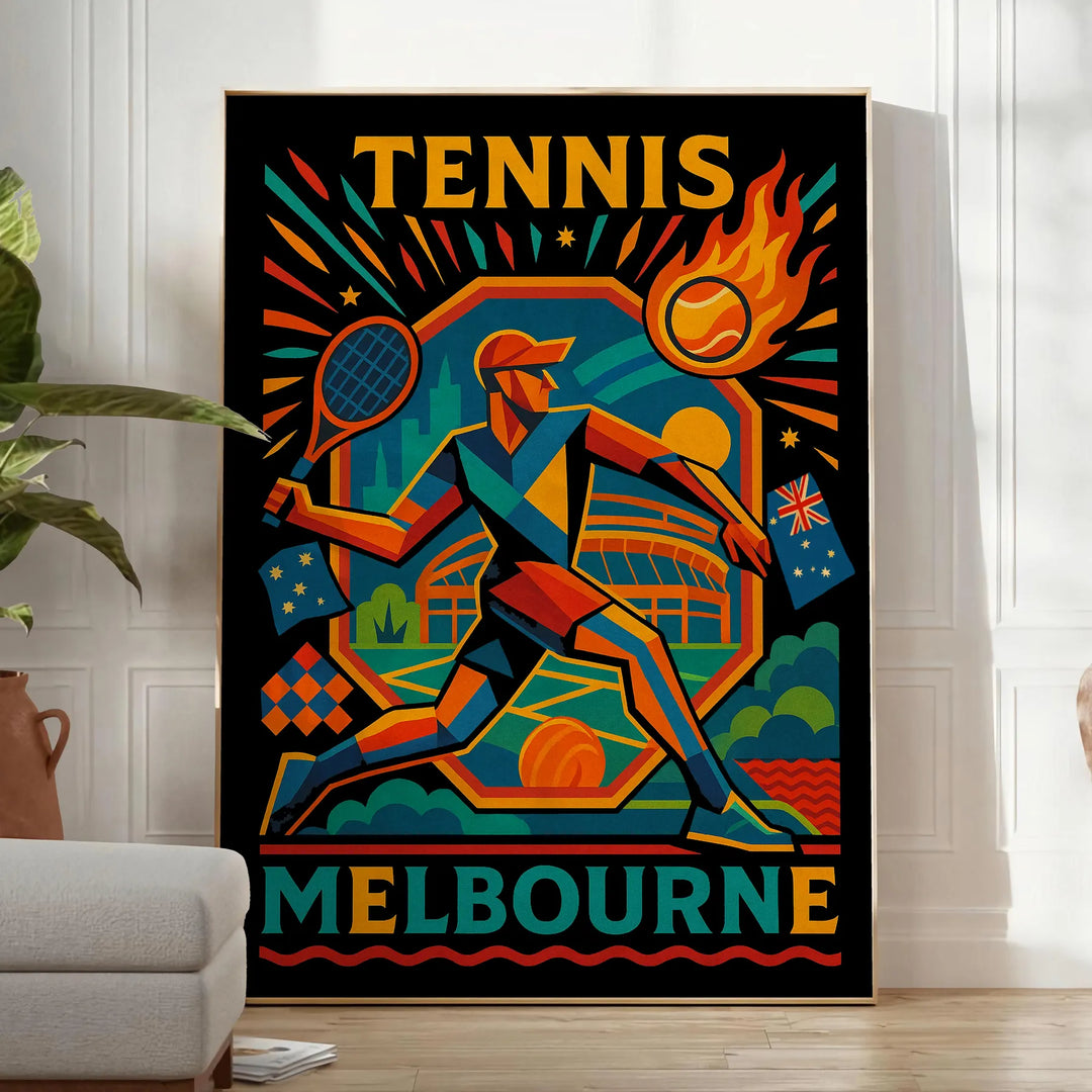 メルボルンのヴィンテージカートゥーンテニスポスター。青と黒の鮮やかな色合いで、50x70または30x40のサイズでご利用いただけます。どんな部屋にも遊び心を加えるアートです。