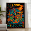 メルボルンのヴィンテージカートゥーンテニスポスター。青と黒の鮮やかな色合いで、50x70または30x40のサイズでご利用いただけます。どんな部屋にも遊び心を加えるアートです。