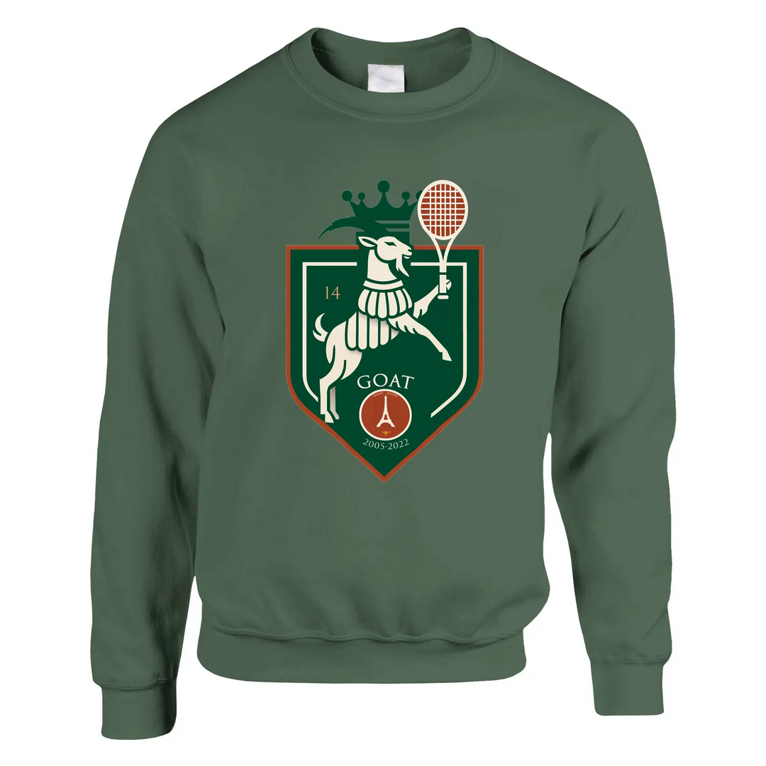 Sweater Tennis GOAT Rafa Paris, feito de 50% algodão e 50% poliéster, com toque suave e resistência ao desgaste. Design uniss