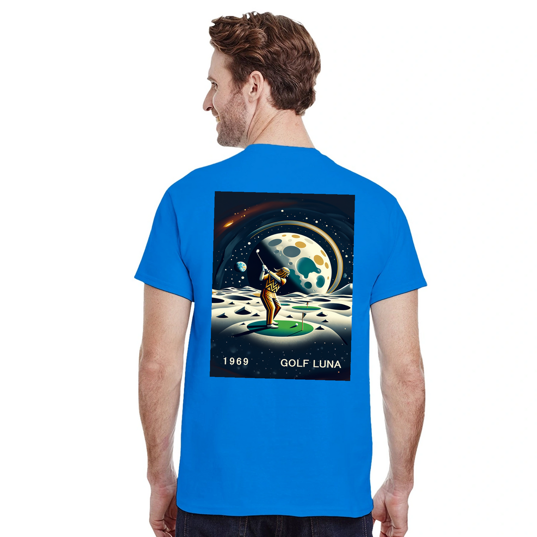 Koszulka Golf Moon z unikalnym wzorem, idealna na pole golfowe i codzienne wyjścia. Wygodna i trwała, dostępna w rozmiarach S