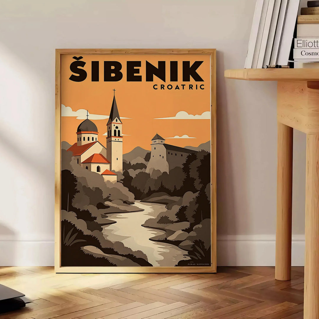 Šibenik, Croatia Art Déco poster showing brown and black cityscape