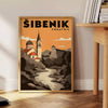Šibenik, Croatia Art Déco poster showing brown and black cityscape
