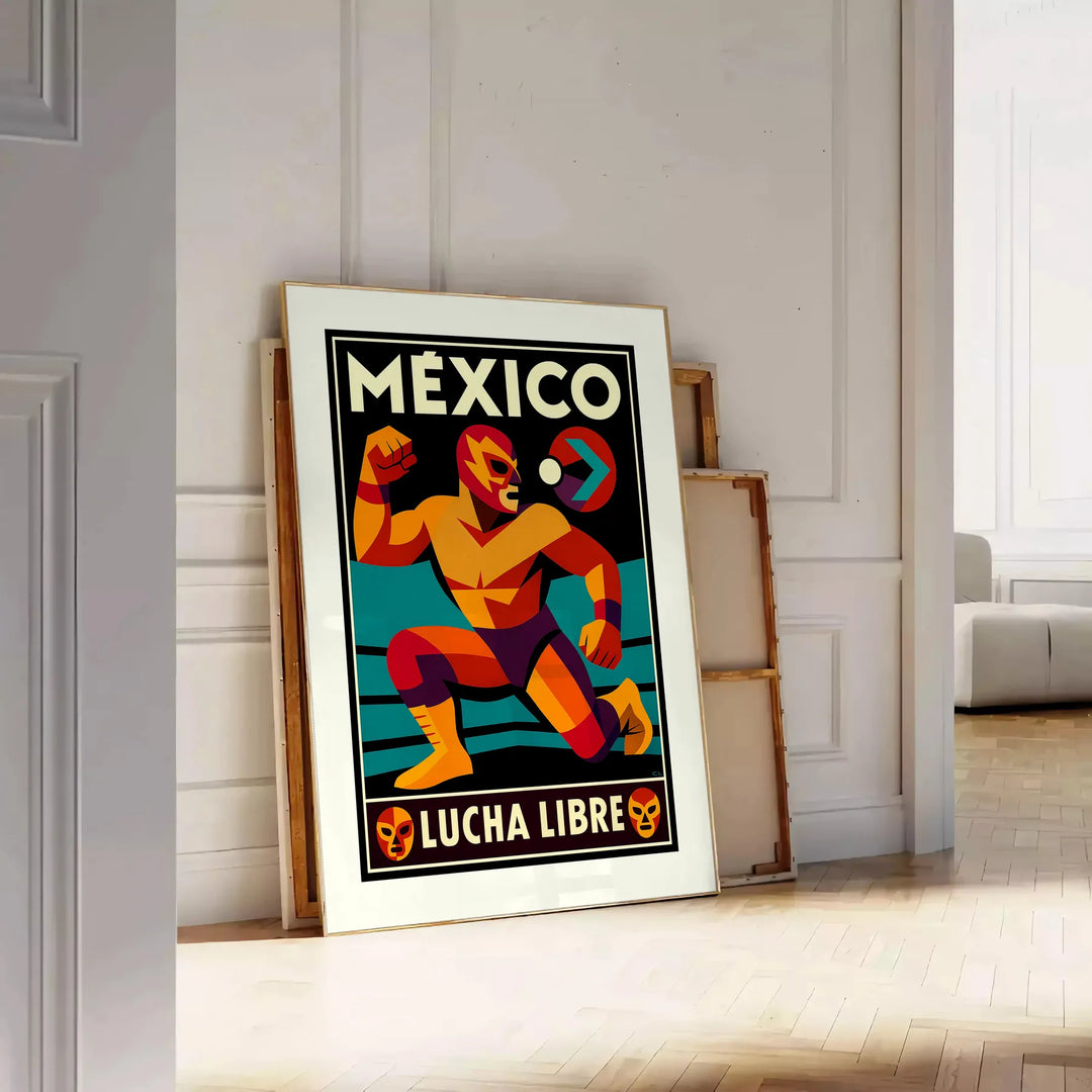 Affiche vibrante thème lucha libre mexicaine couleurs rouge orange saisissantes une touche dynamique espace œuvre incontournable passionnés sport culture A4 cm A0