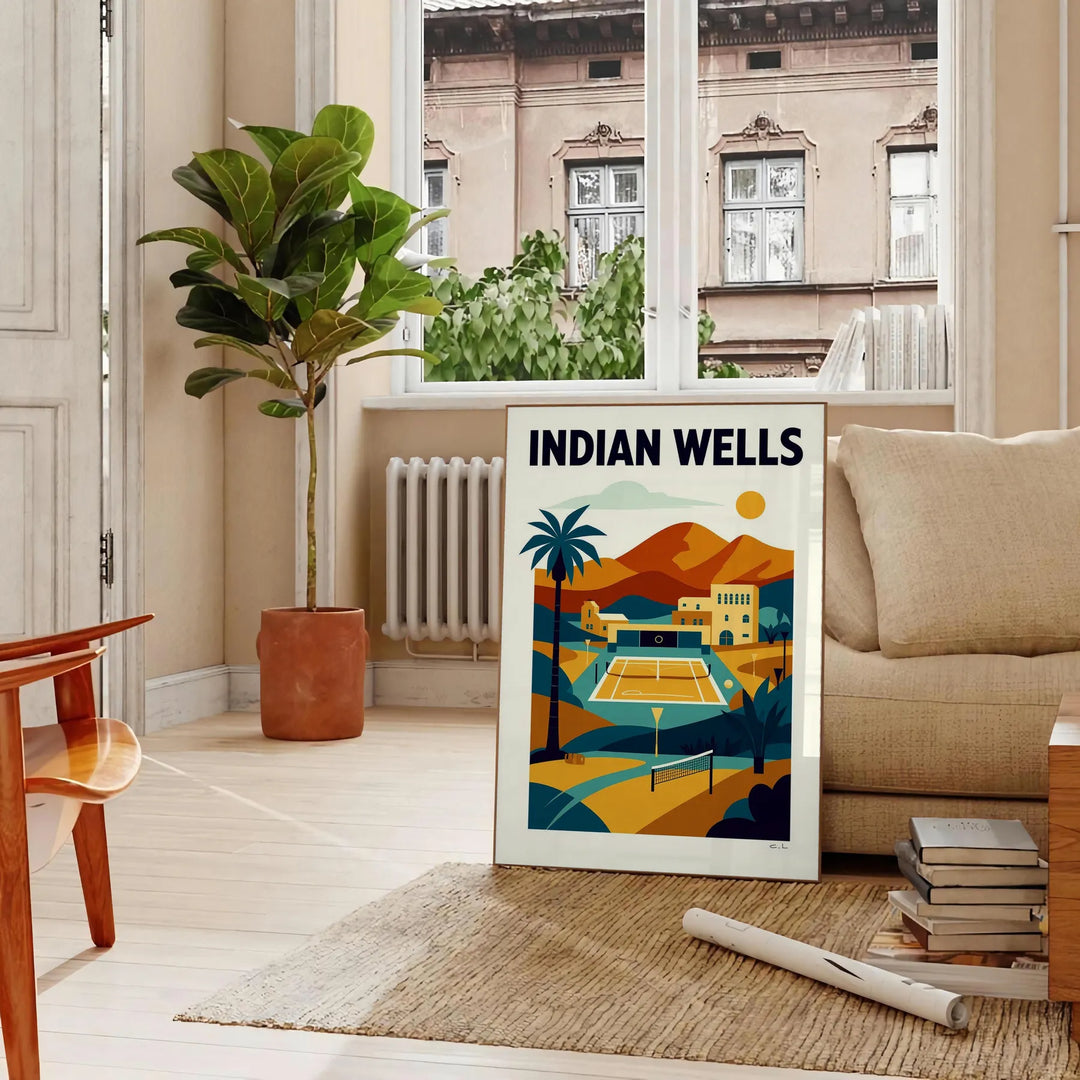 Poster di tennis Indian Wells con colori vivaci arancioni e verdi, ideale per appassionati di sport. Disponibile in diverse d