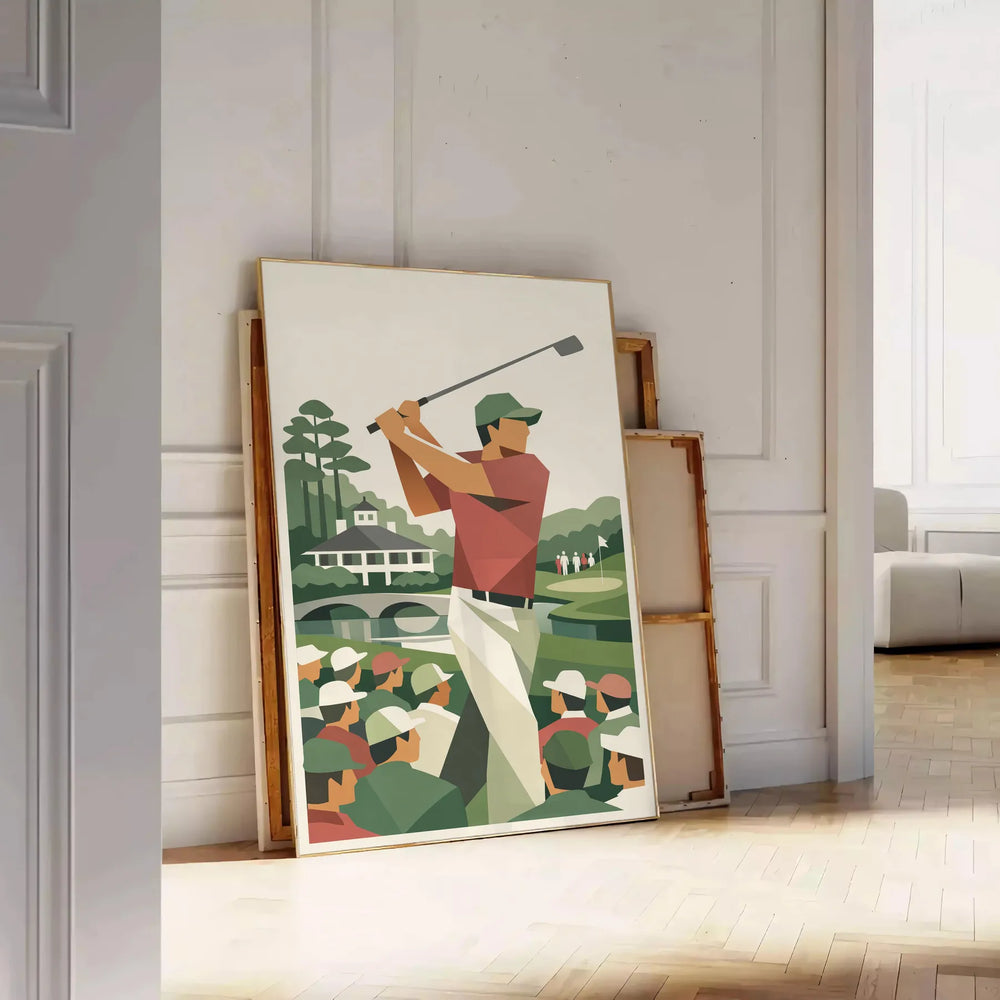 Vintage golf poster featuring Augusta National Golf Club in orange and blue tones