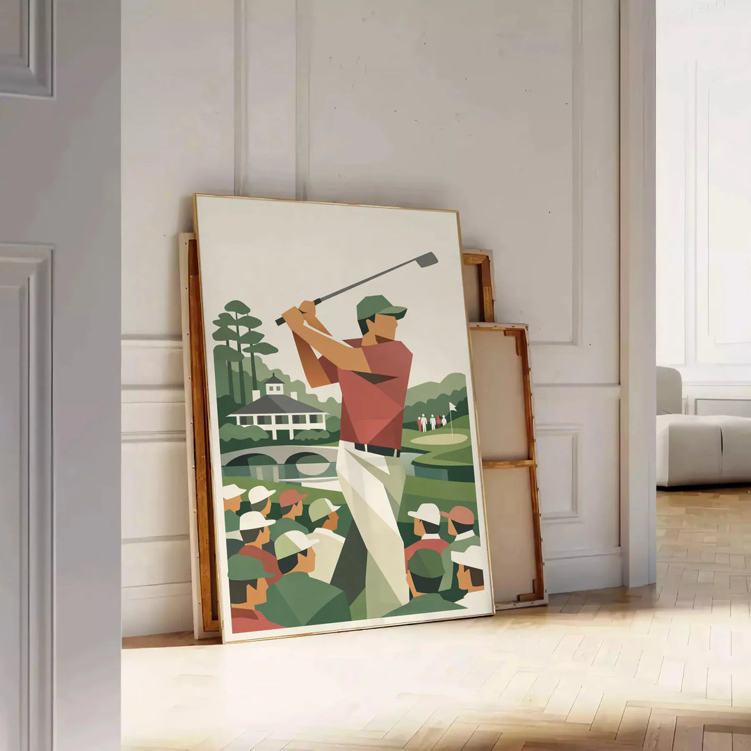 Affiche vintage de golf représentant le Augusta National Golf Club dans des tons orange et bleu