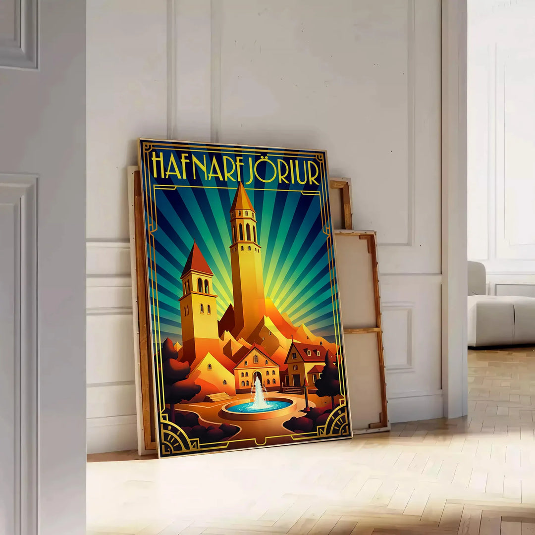 charm Hafnarfjörður Iceland stunning Art Déco vintage poster vibrant blue orange hues unique touch decor chance eye piece dimensions A4 cm A0