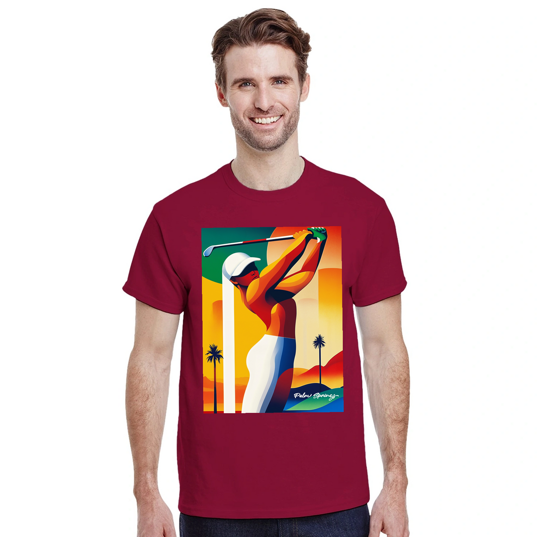パームスプリングスのゴルフをイメージしたスタイリッシュなTシャツ。快適な着心地と耐久性のあるプレミアムコットンを使用。