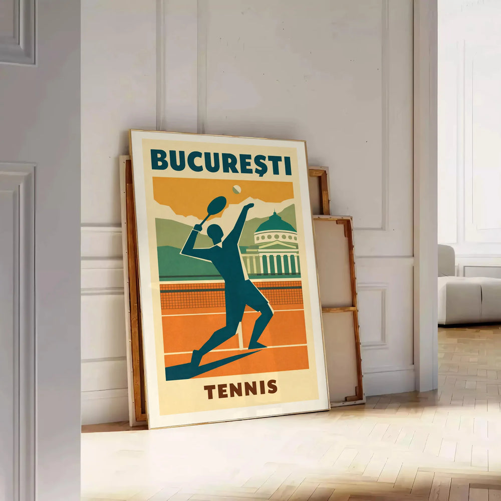 space stunning Bucarest Romania tennis poster vibrant blue orange hues sports enthusiasts art lovers energy beautiful city Bucharest touch excitement decor sizes A4 cm A0