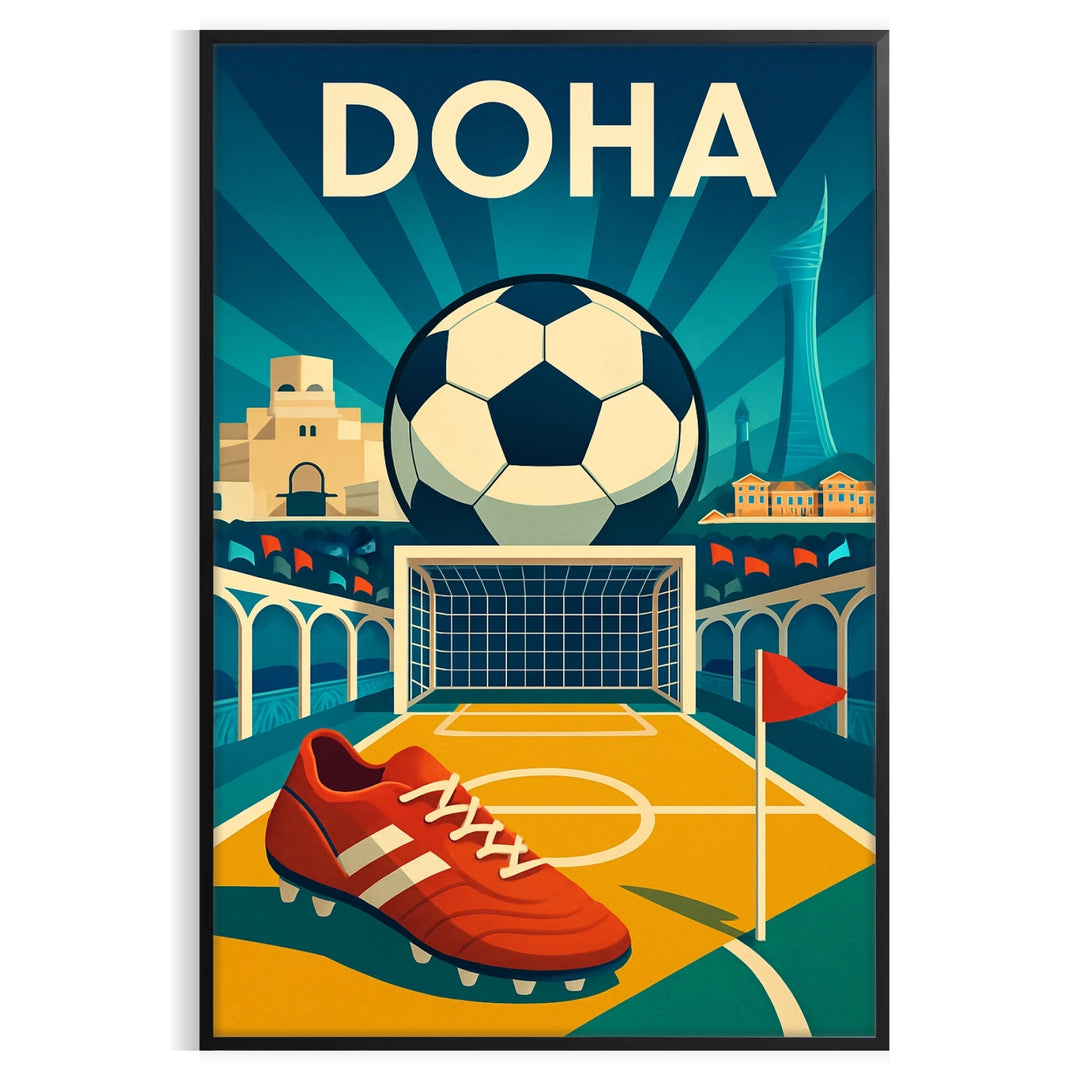 Póster de fútbol de Doha, Qatar, con colores vibrantes azul y amarillo. Disponible en dimensiones 50x70 o 30x40, ideal para a