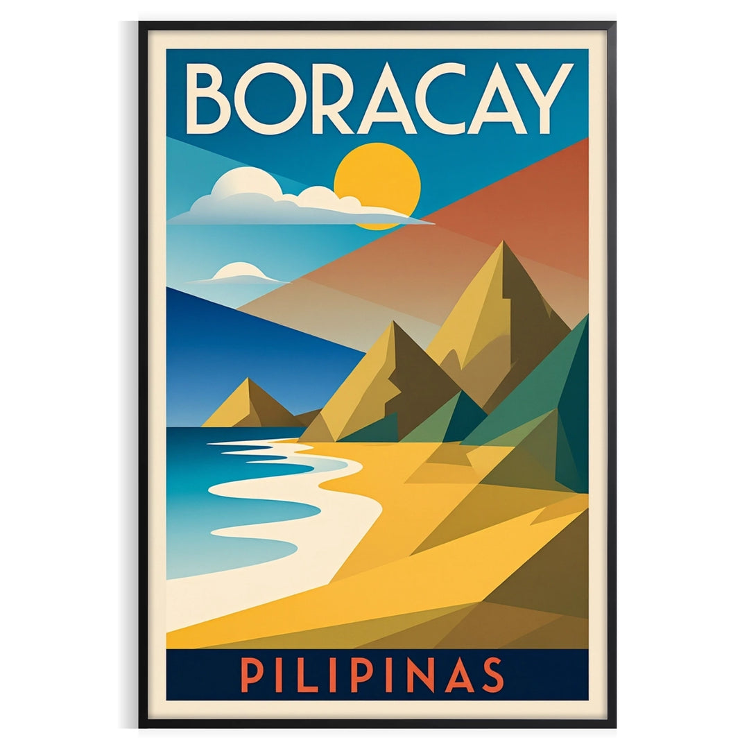 Art Deco poster featuring Boracay, Philippines with orange and green tones