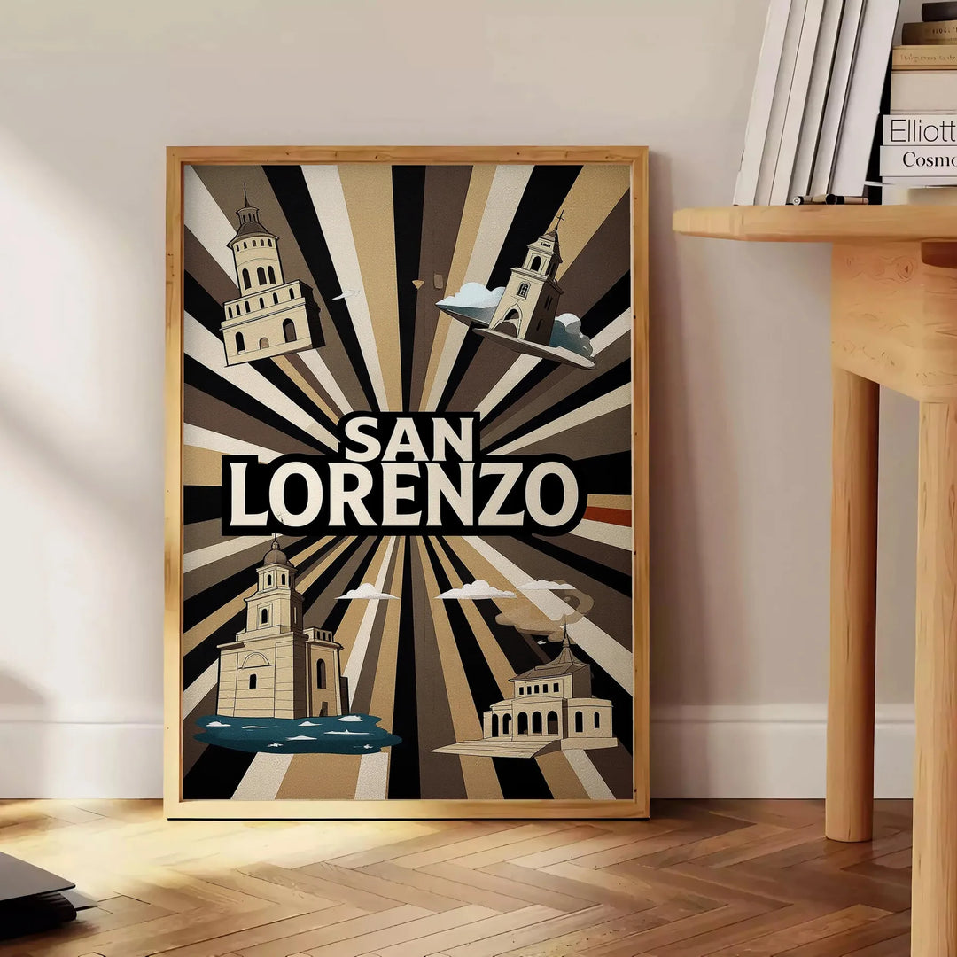 stunning vintage art déco poster San Lorenzo Paraguay rich brown green tones touch elegance space enthusiasts sizes A4 cm A0