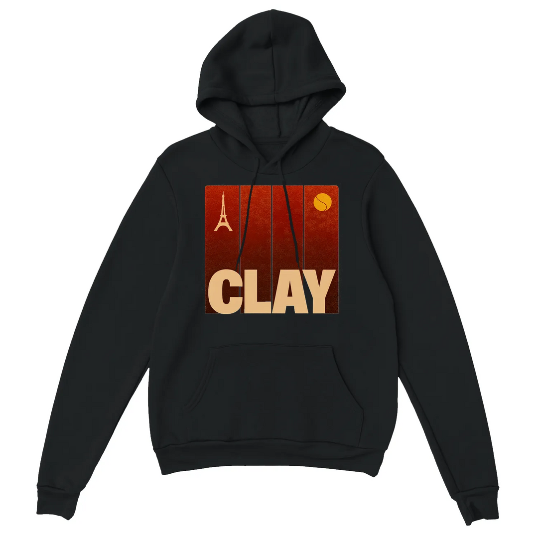 game Clay Tennis Sport Hoodie thick pullover cozy 50 % cotton polyester blend hood matching drawstring comfort soft feel air jet fabric pilling spacious front pocket cuffs flexible waistband unisex perfect athletes yours today stylish court