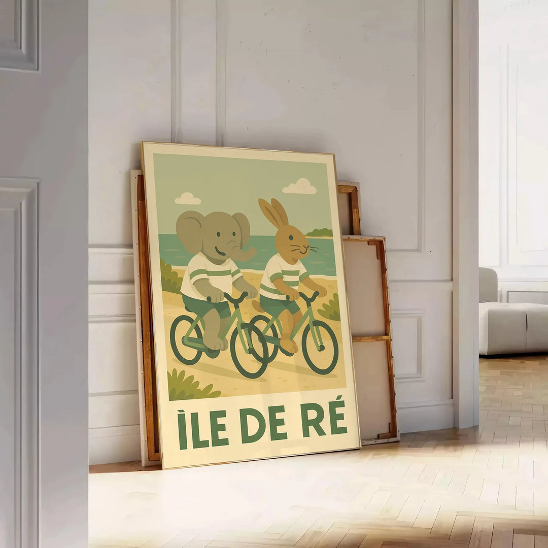 charming kid elephant rabbit cycling poster delightful gray green palette perfect child room area sizes artwork touch whimsy adventure unframed version enchanting today