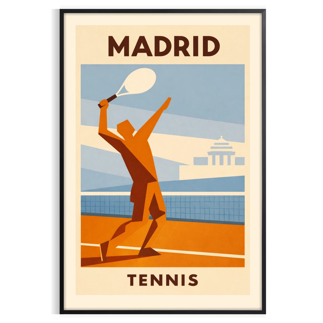 Dynamic tennis scene with orange and gray tones, featuring Madrid, Spain