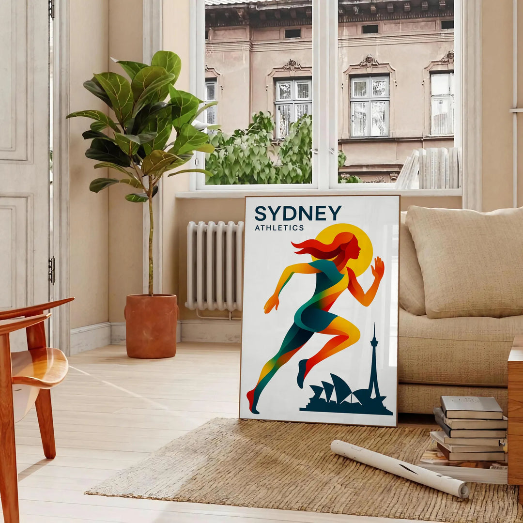 affiche dynamique athlétisme Sydney un incontournable passionnés sport couleurs vertes rouges une touche énergique décoration disponibles cm unique cadre