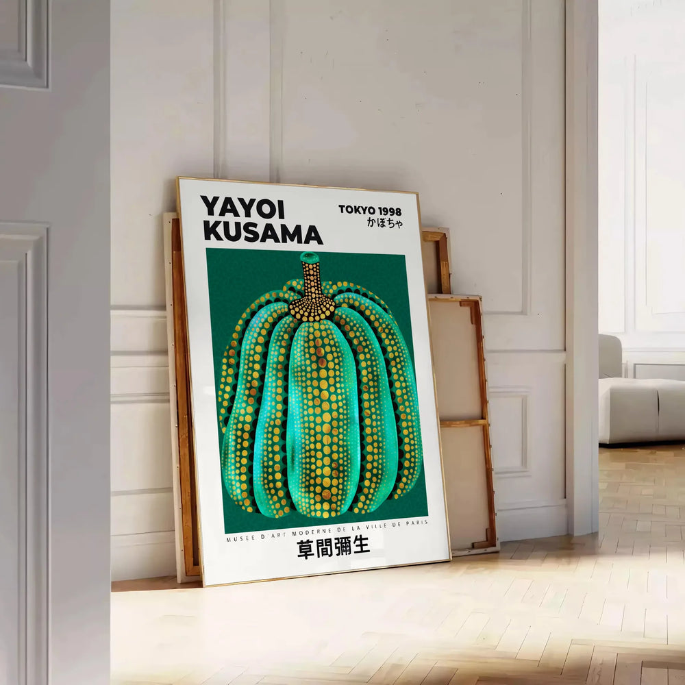 space vibrant Pumpkin Yayoi Kusama poster green white colors essence Japanese art sizes stunning statement decor available frame