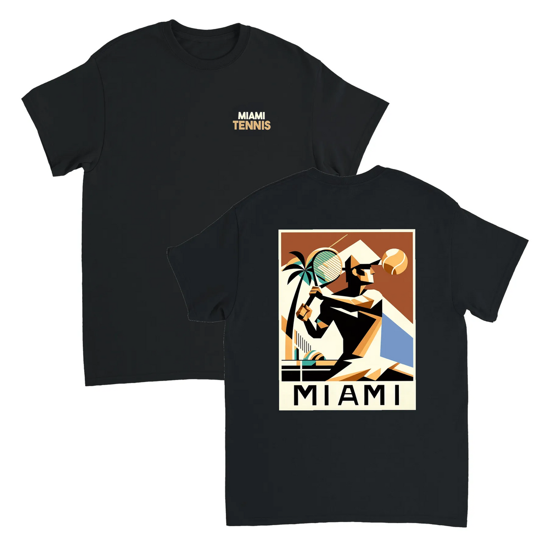 T-shirt Miami Tennis: design vibrante che cattura lo spirito energetico del tennis a Miami, in cotone morbido e traspirante p