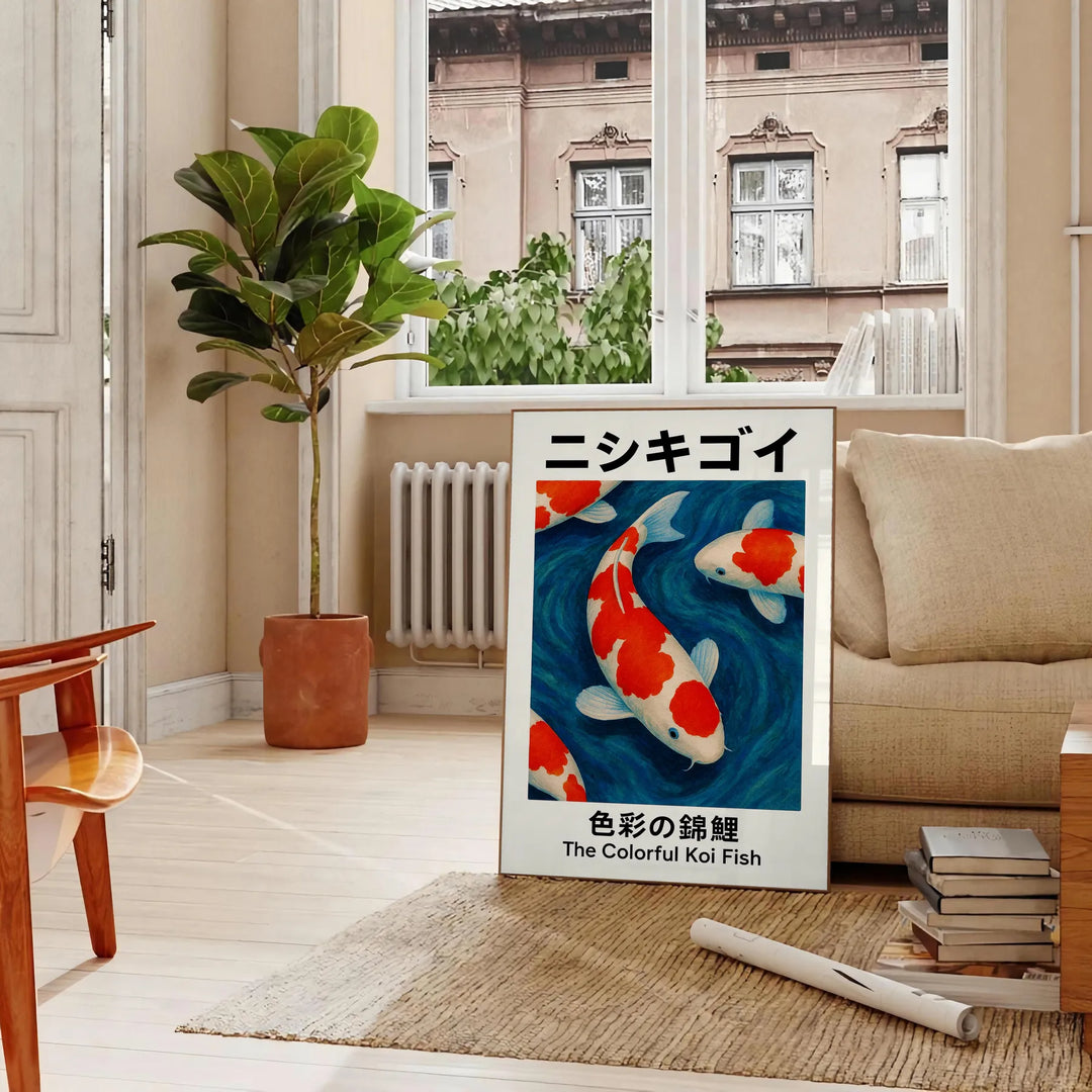 Koi Fish japansk affisch med livliga gröna och röda nyanser, perfekt för att förvandla ditt rum med en lugn och dynamisk käns