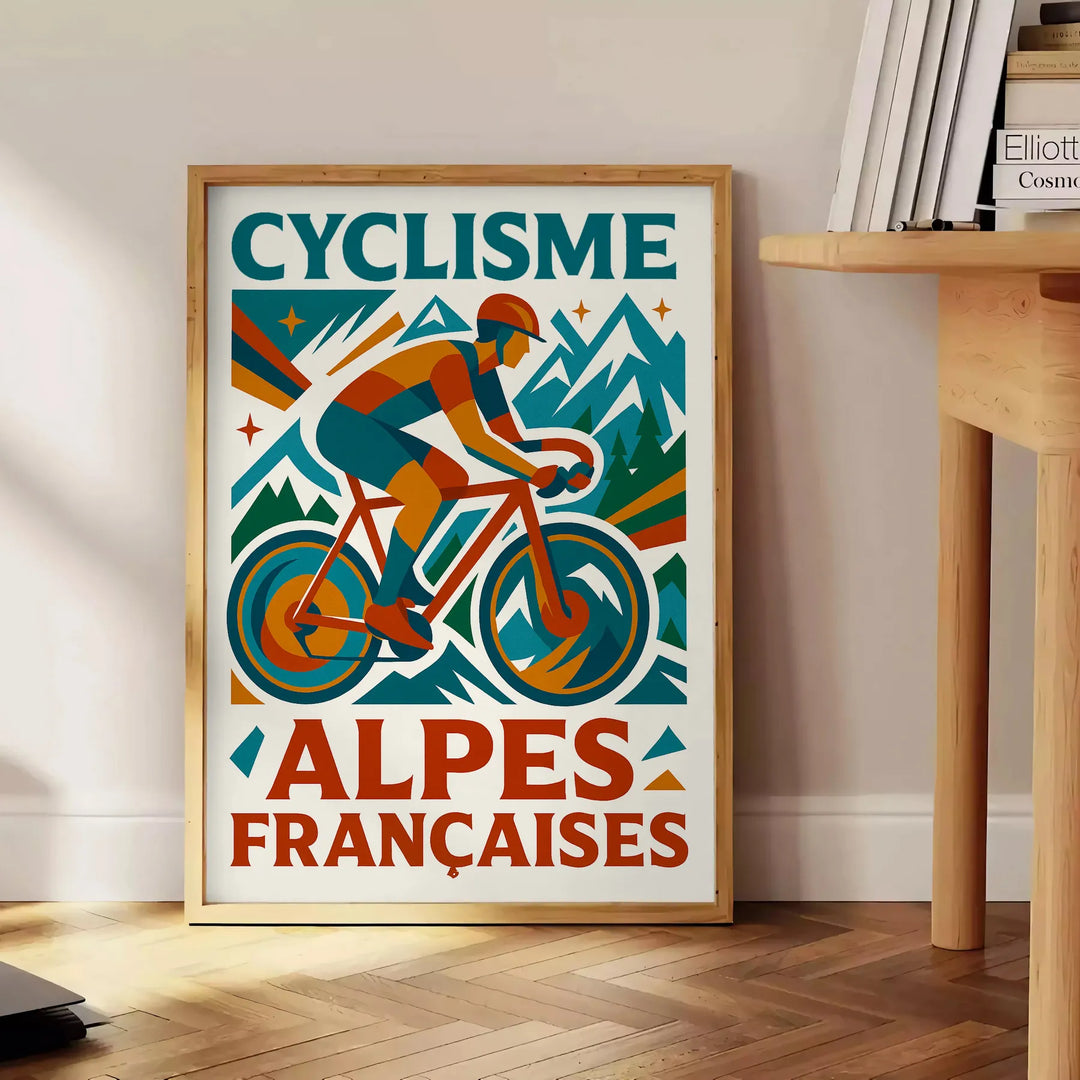 Affiche captivante cyclisme Alpes françaises Tour France teintes vibrantes rouge bleu intérieur passionnés formats cm pièce unique disponibles A4 A0