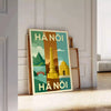 Vintage reseplakat från Hanoi, Vietnam med Art Deco-element i livfulla blå och gröna nyanser. Perfekt för inredning och nosta