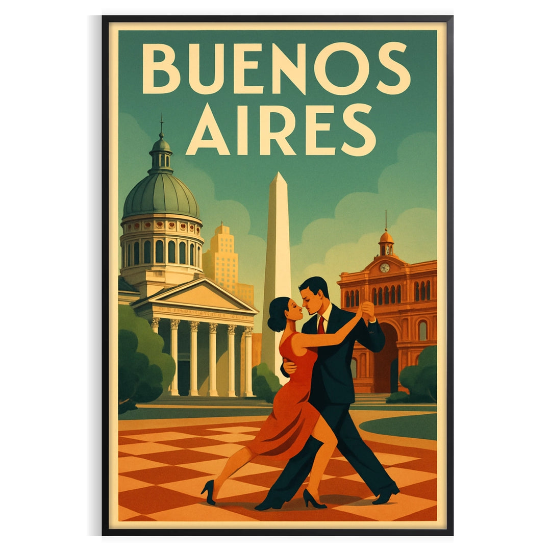 Poster showing Buenos Aires Art Déco cityscape illustration in orange and green