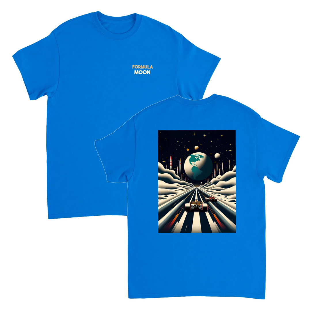 T-shirt Formula Moon con design lunare unico, ideale per appassionati di astronomia. Morbido cotone per un comfort duraturo