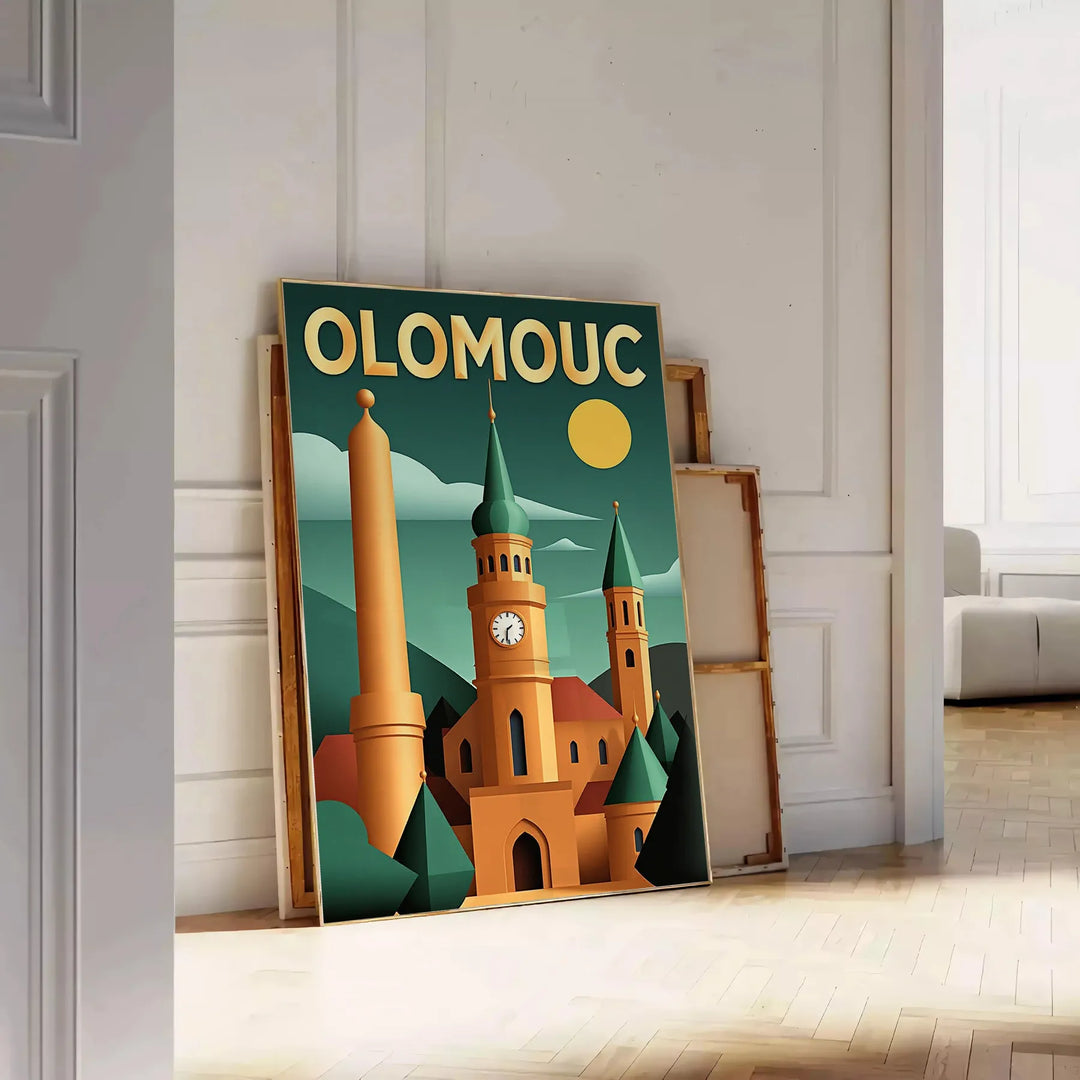 Manifesto vintage Art Déco di Olomouc, Repubblica Ceca, toni gialli e verdi