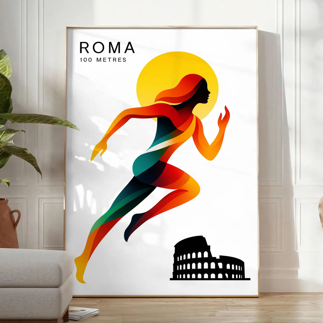 affiche dynamique thème 100 mètres passion sport Rome couleurs vibrantes rouge noir 50x70 30x40 décoration œuvre cadre