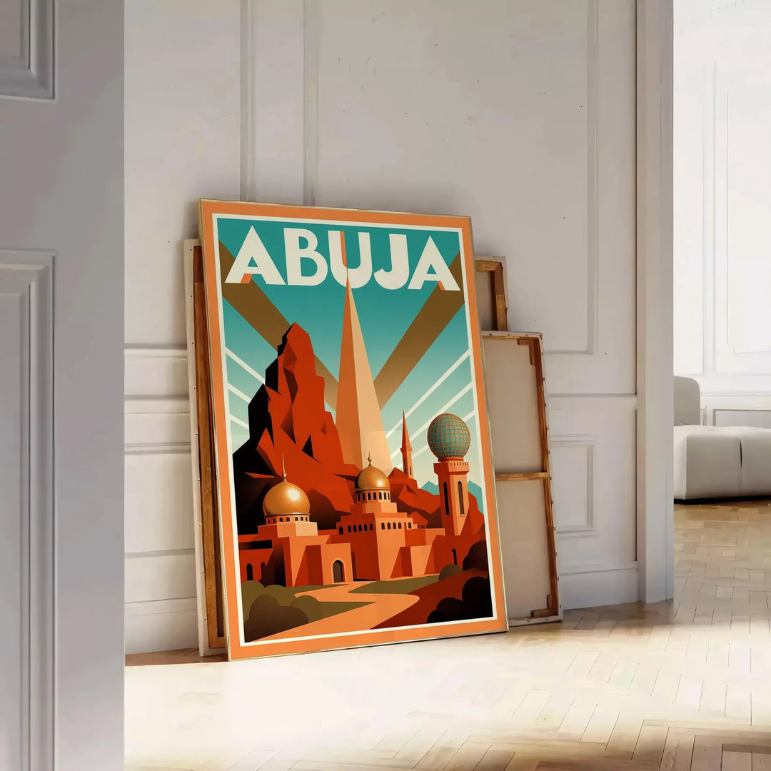 Poster Art Deco vintage di Abuja, Nigeria, con tonalità di arancione e verde, ideale per decorare gli spazi