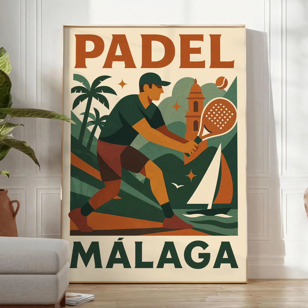 affiche exclusive Málaga Padel 8 fusion parfaite orange vibrant gris élégant incontournable passionnés format 50x70 cm une touche sportive déco disponibles A4 A0
