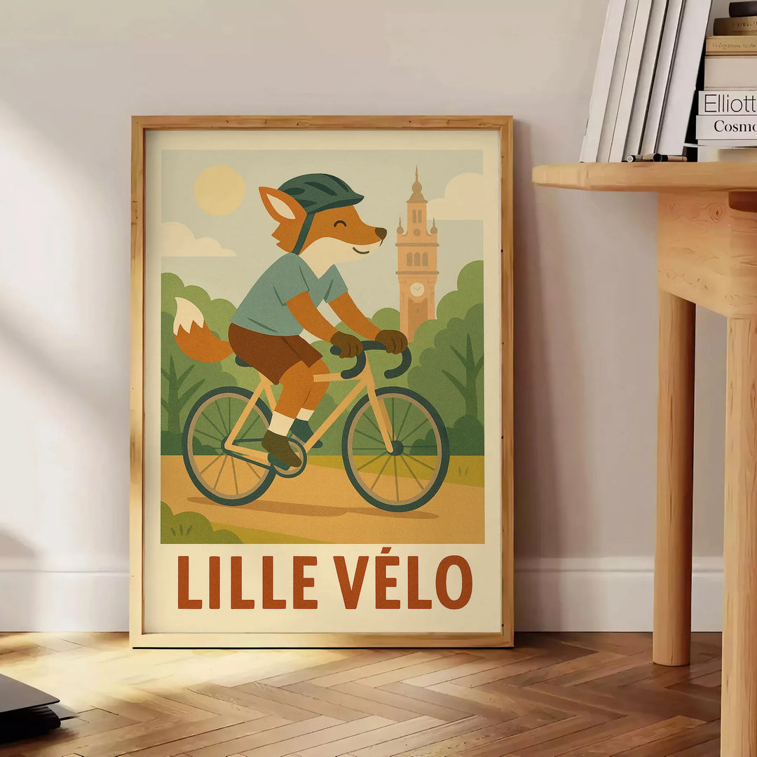 Affiche captivante Kid Fox Lille Cycling une explosion couleurs vertes oranges idéale passionnés cyclisme œuvre format 50x70 30x40 espace ambiance dynamique fun version